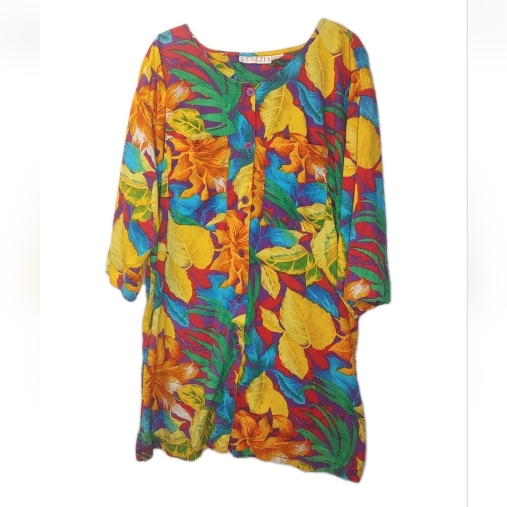 Venezia Kimono Tunic Top Woman 4X 5X 26/28W Tropical Leaf Vtg Lane Bryant Resort